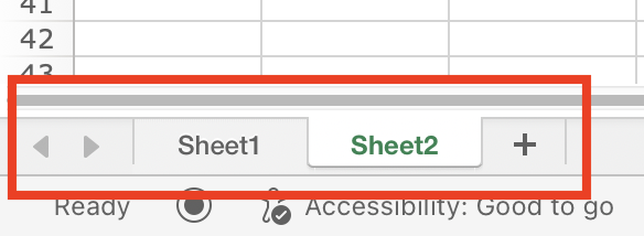 A screenshot showing the sheet tabs in a spreadsheet. This spreadsheet has two worksheet, named Sheet1 and Sheet2.
