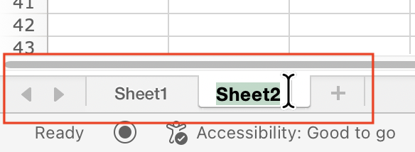 A screenshot showing the sheet tabs in a spreadsheet. This spreadsheet has two worksheet, named Sheet1 and Sheet2. The name Sheet2 is highlighted to be overwritten.