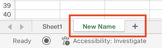 A screenshot showing the sheet tabs in a spreadsheet. This spreadsheet has two worksheet, called Sheet1 and New Name.